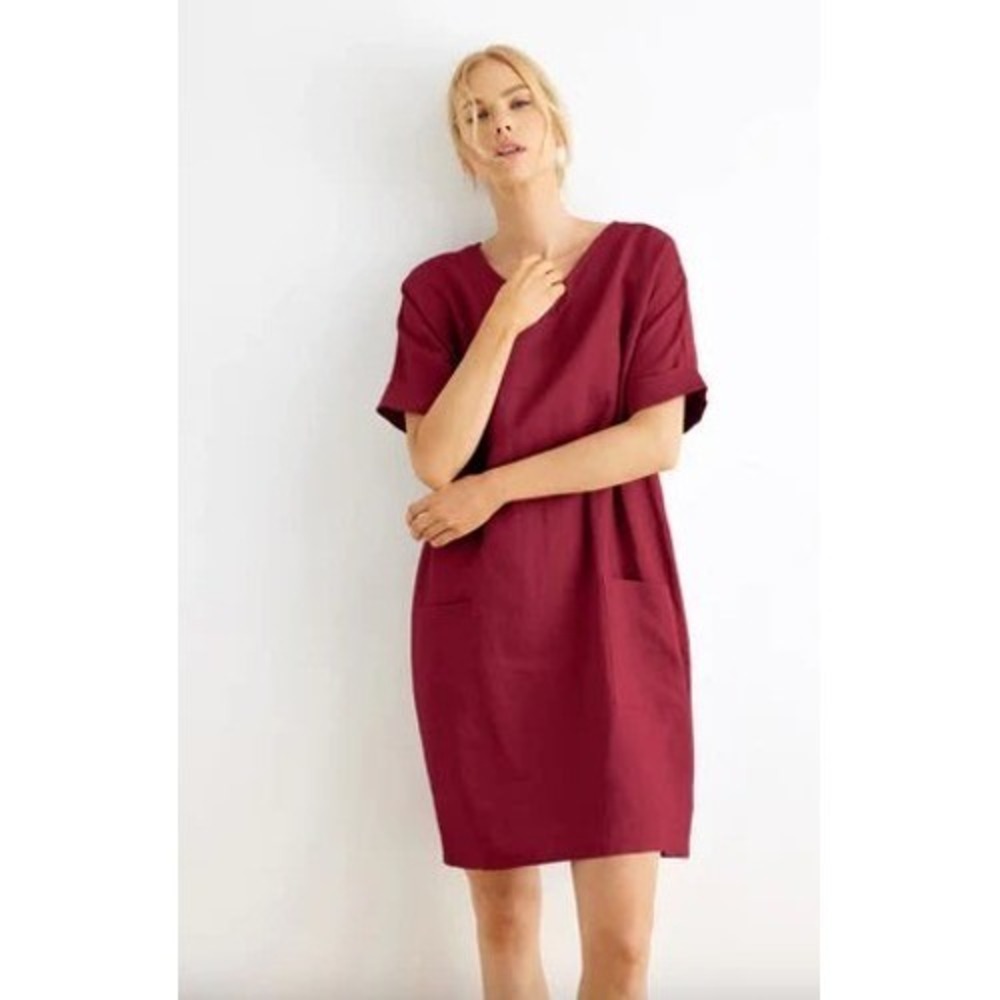 Grae Cove Dress 100% Linen V-Neck Shift Pockets Red XL Lagenlook Coastal